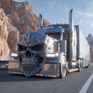 A highly detailed, chrome-plated semi-truck with a menacing skul...
