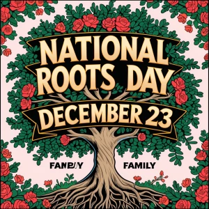 Banner states,
“National Roots Day
December 23”
(Comic style; fa...