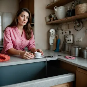 An Italian housewife, 30 years old, with long brown hair, huge b...