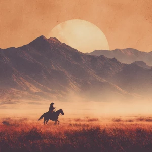 A lone cowboy on horseback rides across wide open prairies at su...
