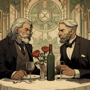 Make two bodybuilder men both gray hair one with long wavy hair...