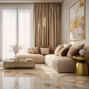 Ultra-realistic photo of a luxury living room in matching warm b...