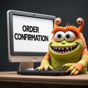 Generate a claymation image of a friendly-looking monster buying...