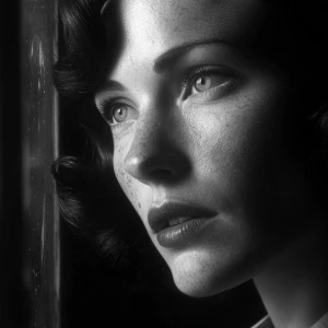 Create a portrait of a femme fatale character in classic film no...