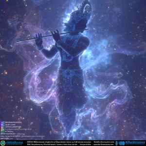 "Semi-transparent 3D silhouette of Krishna composed of swirling...