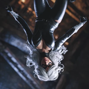 Generate Felicia Hardy, Black Cat in a dynamic upside-down acrob...