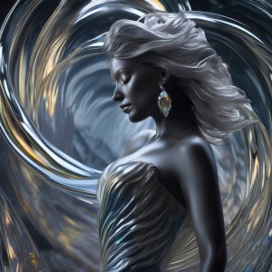 A shimmering, translucent creature made of liquid silver dances...