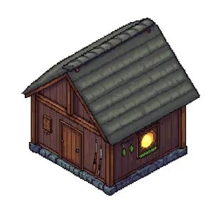 2D top-down RPG pixel art, 16x16 tile grid, single village house...