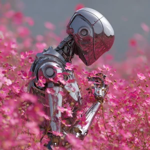 A sleek, metallic robot gracefully dancing amidst a sea of vibra...