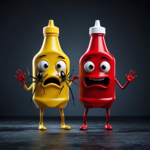 a two anthropomorphic condiment bottles—one yellow (likely musta...