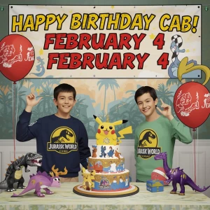 Banner states,
“Happy Birthday Cab!
February 4”
(comic style; Po...