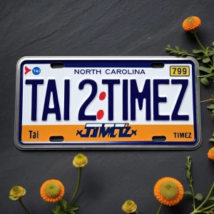 A North Carolina license plate displaying the text "Tai2Timez."