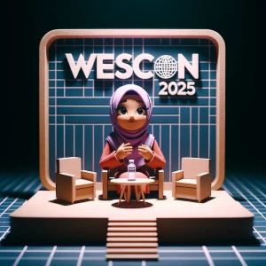 A hijab-wearing women talking at a panel interview with the back...