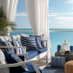 Create an image of a luxurious coastal terrace featuring white a...