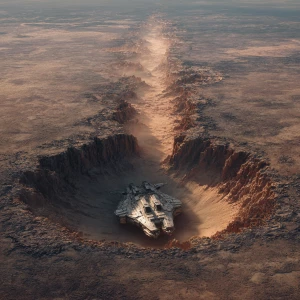 Illustrate the dramatic aftermath of a high-velocity, low-angle...