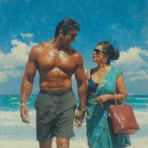 realism,oil painting.a muscular sweaty indian man, walking  with...