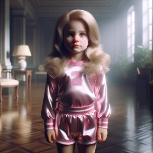 Blond long hair little kid girl in pink shiny satin brillant che...