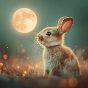 a tiny baby rabbit named Noodle sitting in soft dreamy grass at...