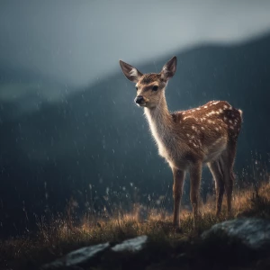Baby fawn standing strong in storm rain in the spring, lightning...