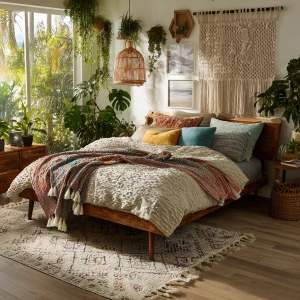 High-resolution photograph of a modern boho bedroom, full-room v...