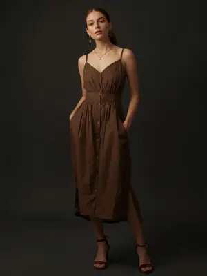 female model wearing Brown Linen Midi Dress, refined pose, dark...