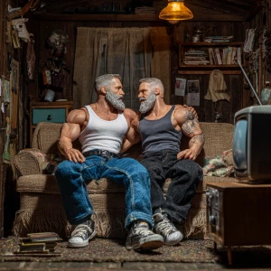 Two muscular men, John and Bobby, both with beards, displaying a...