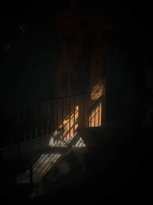 dark room with flickering light, unnatural shadows moving, tensi...