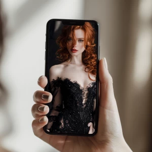 Generate an image showing a female hand holding a smartphone dis...