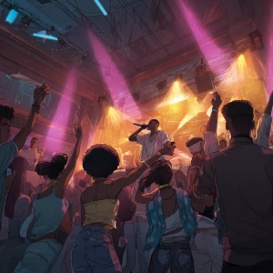 Generate a wide-angle shot of a nightclub scene showing a group...