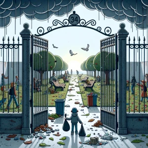 The video begins with old park gates slowly opening, revealing a...