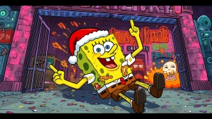 GTA Vice City loading screen action card: cel-shaded SpongeBob g...