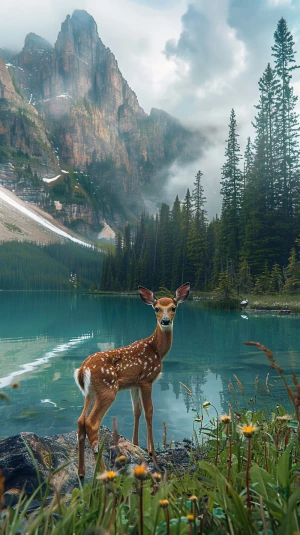 young fawn standing beside a turquoise alpine lake in Banff Nati...