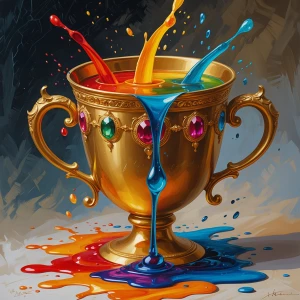 a painting of a golden cup with jewels and out if it overflowing...