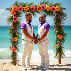 Two muscular men standing together on a sunlit tropical beach, p...