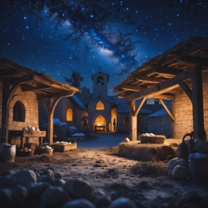 Visualize a serene village under a starry sky, where a humble ma...