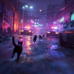 Humanoid gangster cats sprinting through a neon-lit alley at nig...