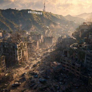 A wide-angle, cinematic shot of a dystopian Los Angeles in the a...