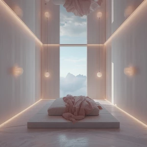 Envision entering Bedroom 3 – Cloudmirror Chamber: a peaceful re...