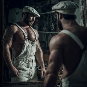 Generate an image of a muscular and hairy handyman without a shi...