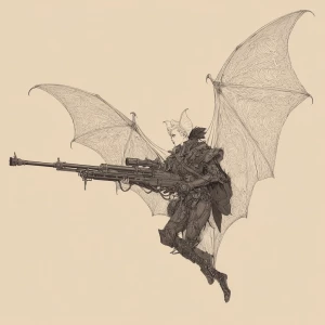 Vampire bat woman with spread wings , skeltsil details holding a...