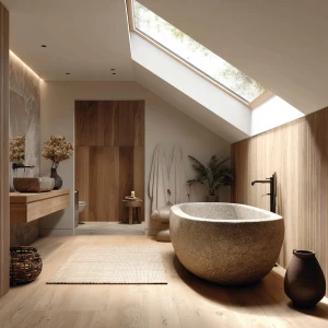 Create a captivating image of a luxurious Scandinavian bathroom...