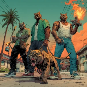 A humanoid cat with a muscular build, wearing a green shirt and...