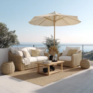 Create a scene of a luxurious outdoor patio featuring white cush...