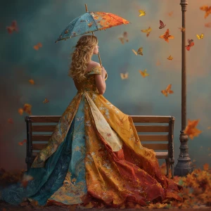 A woman stands elegantly on a park bench, holding a vibrant umbr...