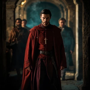 A composed male figure in deep red Renaissance attire walking th...