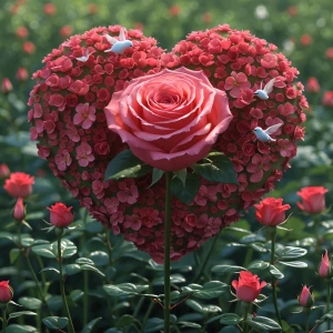 Genere moi une rose en forme de cœur au milieu d’un champs et ou...
