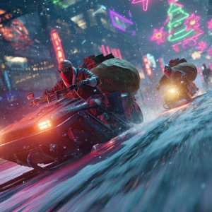 Create an epic Christmas banner in GTA Vice City style: Santa in...