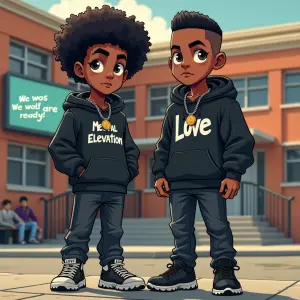 Create a photorealistic cartoon-style  featuring two serious and...