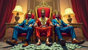 meme characters wearing royal outfits sitting on a throne made o...