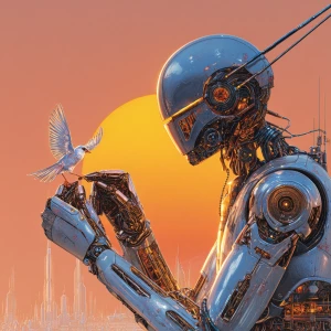 Retro-futuristic concept art. A sleek, chrome-plated robot with...